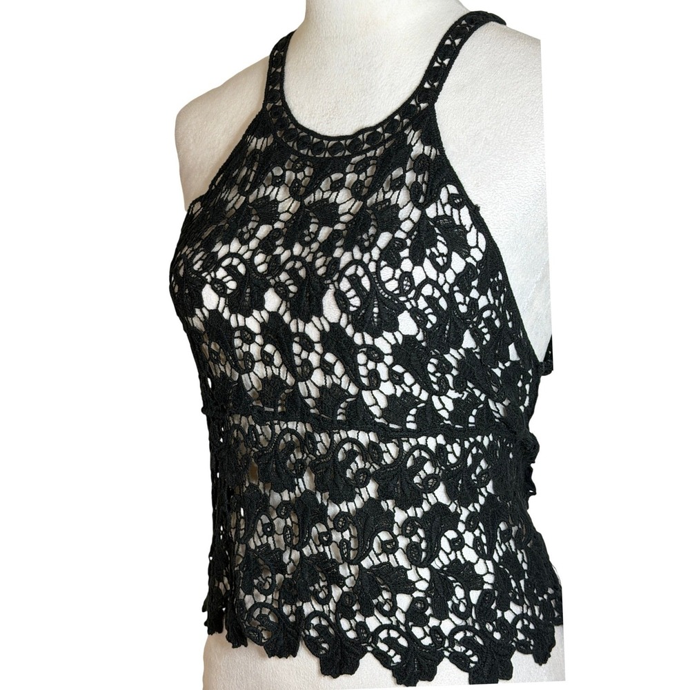 Black Crochet Lace Boho Halter Top Womens S Festival Goth Sheer Guipure Floral - Picture 10 of 11